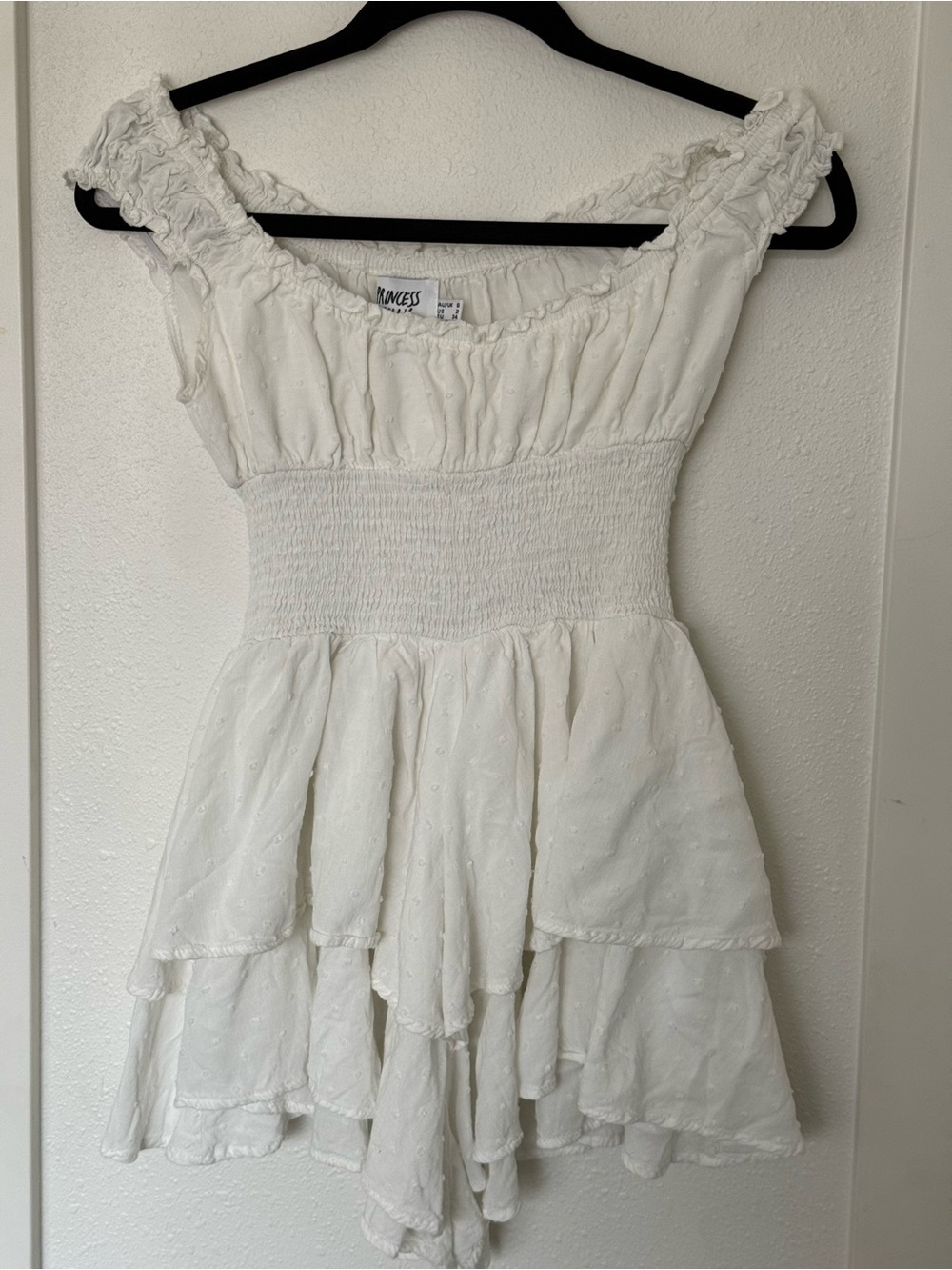 Princess Polly White Smocked Off-Shoulder Tiered Romper